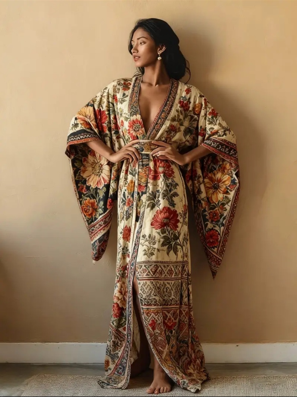 Floral Boho Kimono Maxi Dress in Cream and Rust